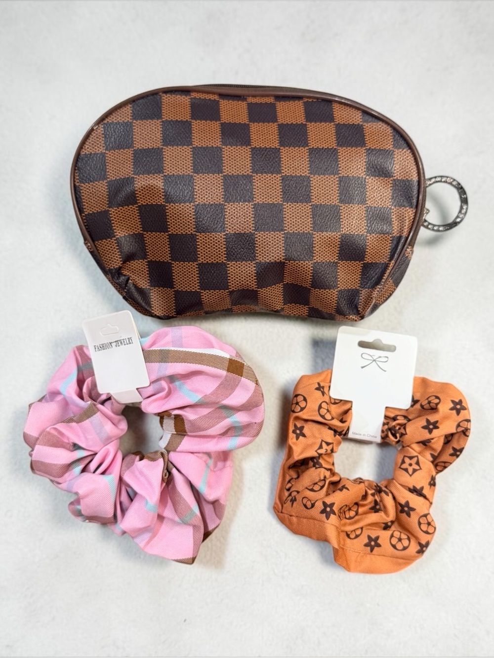 Scrunchies Set Plus Brown Square Pattern Fashion Cosmetic Pouch | New